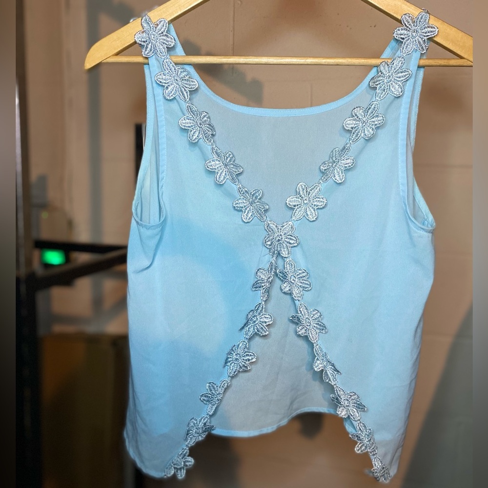 Mine Sheer Baby Blue Floral Embroidered Crop Top